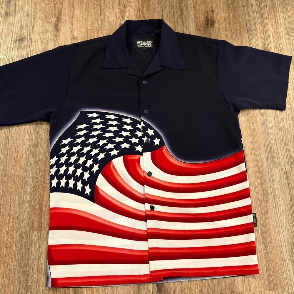Vintage Dragonfly Shirt Men Medium American Flag USA Patriotic Graphic Button Up